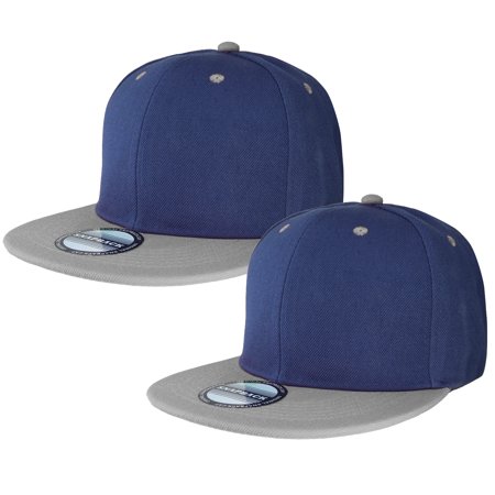 2-pack Classic Snapback Hat Cap Hip Hop Style Flat Bill Blank Solid Color Adjustable Size NavyGrey & NavyGrey
