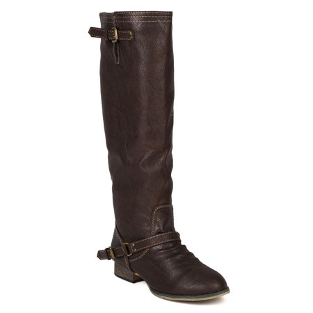 Breckelle Outlaw-11 New Women Leatherette Buckle Riding Knee High Boot