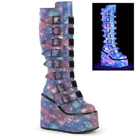 Demonia SWING-815 Women s Mid-Calf & Knee High Boots 5 1/2 P/F-Purple-Blue Reflective Vegan Leather-7