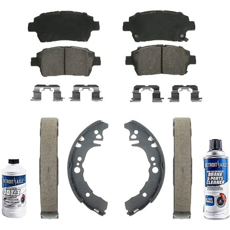 Detroit Axle - Front Ceramic Brake Pads and Rear Brake Shoes & Brake Cleaner & Fluid for 2001 2002 2003 2004 2005 Toyota Echo