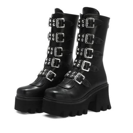 Divines Devil Gothic Punk Women s Platform Boots Black Buckle Strap Back Zipper Size 9