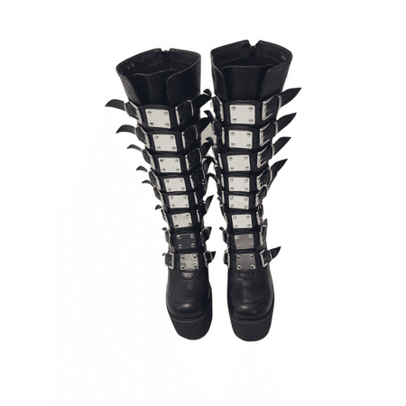 Divines Devil Women Gothic Platform Boots Vegan Combat Chunky Punk Buckle Strap Metal Plates Size 7
