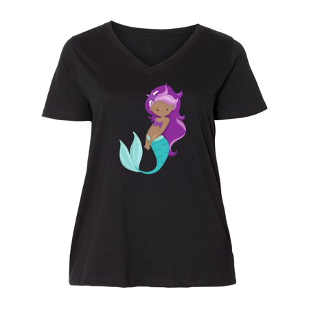 Inktastic African American Mermaid Purple Hair Sea Star Women s Plus Size V-Neck
