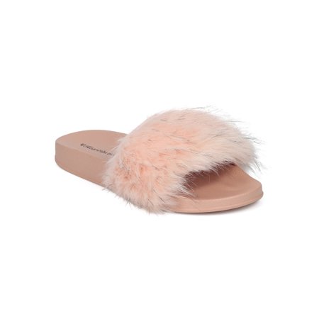New Women Heart.thentic FLO-10 Faux Fur Open Told Molded Footbed Slide
