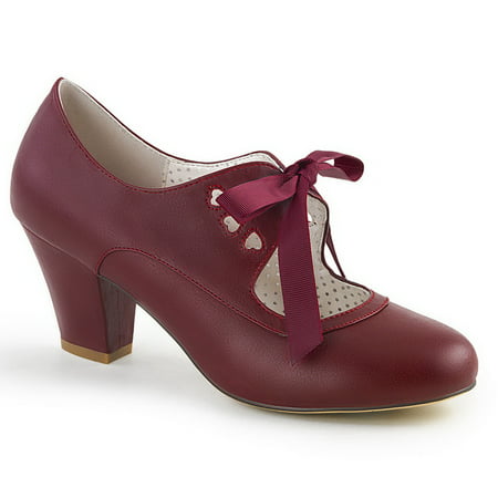 Pin Up Couture WIGGLE-32 Cuben Heel Mary Jane Pump w/Ribbon Tie & Heart Cutout Detail 2 1/2 Cuben Heel-Burgundy Faux Leather-8
