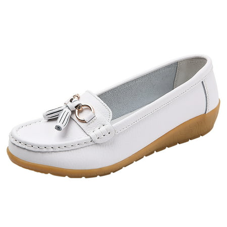 Womens Comfort Walking Flat Loafer Slip On Leather Loafer Comfortable Flat Shoes Outdoor Driving Shoes PU White Flats Shoes for Women