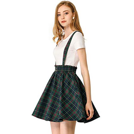 Allegra K Women s Plaid Pleated Mini Tartan Overall Skater Suspender Skirt Small Blue Green