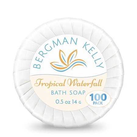 BERGMAN KELLY Hotel Soap Bars in Bulk (Tropical Waterfall 0.5 oz 100 PK) Small Individually Wrapped Round Soap Travel Size Mini Toiletries for Airbnb Motel Guest Bathroom