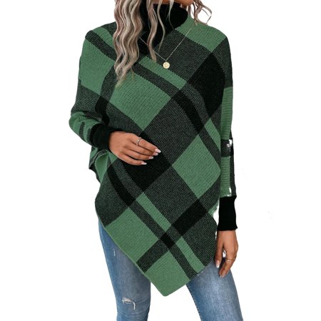 Casual Plaid High Neck Poncho Long Sleeve Dark Green Women s Sweaters (Women s)