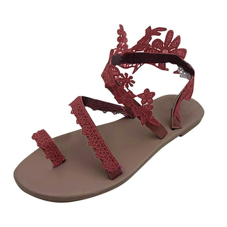 Clearance VerPetridure Women s Dressy Sandals Lace Open Toe Slip-On Lace Flat Sandals Beach Slipper Summer Sandals Roman Shoes