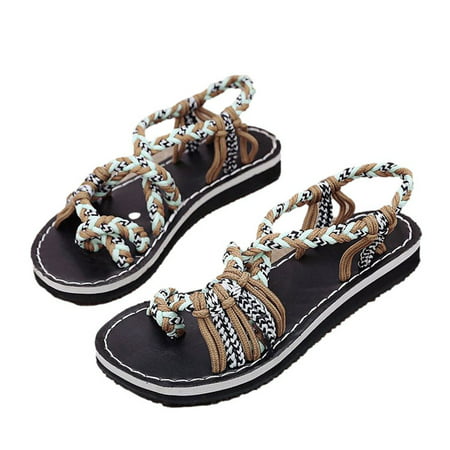 Fesfesfes Fesfesfes Sandals for Women Summer Flat Heel Cross Braided Strap Bohemian Roman Sandals Casual Boho Beach Sandals