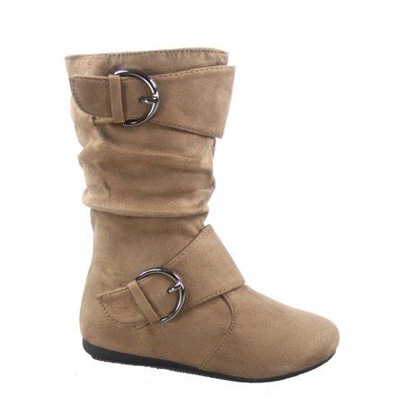 Klein-70 Girls Kid s Causal Flat Heel Buckles Zipper Slouchy Mid Calf Boots Shoes