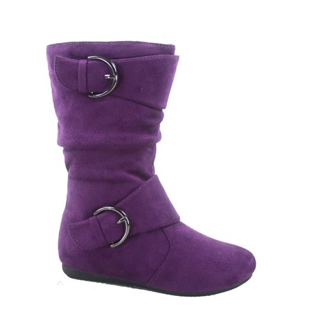 Klein-70 Girls Kid s Causal Flat Heel Buckles Zipper Slouchy Mid Calf Boots Shoes ( Purple 3 )