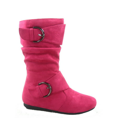 Klein-70 Girls Kid s Causal Flat Heel Buckles Zipper Slouchy Mid Calf Boots Shoes ( Fuchsia 13 )