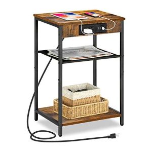 melos 3-Tier Tall Side Table with Charging Station, Nightstand with USB Ports & Power Outlets, Narrow End Table for Small Spaces, Bedside Tables for Bedroom, Living Room, Rustic Brown