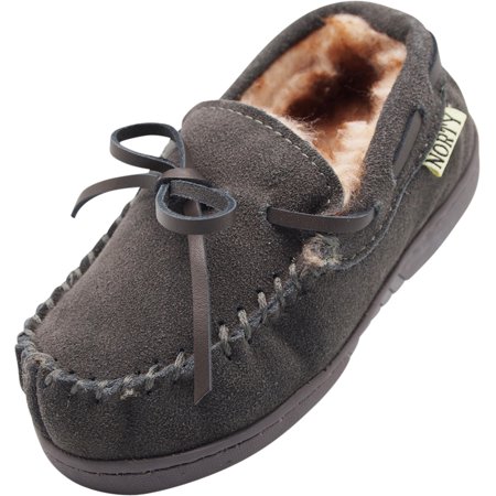 NORTY Childrens Boys Girls Unisex Suede Leather Moccasin Slippers Grey