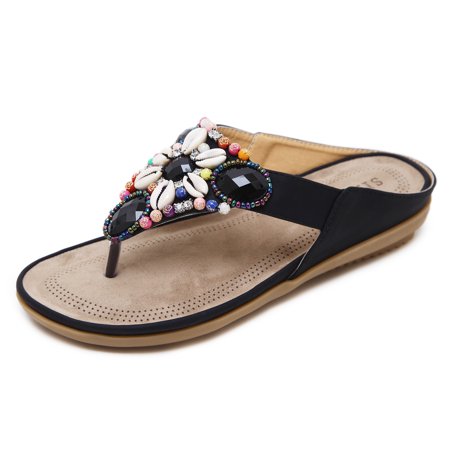 SHIBEVER Summer Boho Casual Flat Sandals for Women Comfortable Beaded Beach Thong Flip Flops Shoes