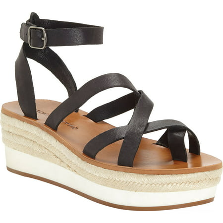 Women s Lucky Brand Jakina Espadrille Wedge Strappy Sandal Black Daisy Kid Leather 7.5 M