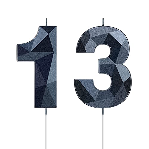 13th Birthday Candles, 3D Diamond Shape Number 13 Candles Happy Birthday Cake Topper Numeral Candles Decoration for Birthday Wedding Party Reunions Theme Party Anniversary Favors (Black)