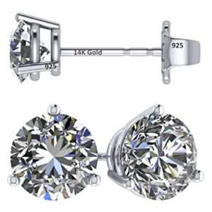 14K Gold Post & Sterling Silver Zirconia 3 Prong Martini Stud Earrings - Platinum Plated 8.00mm 4.00cttw