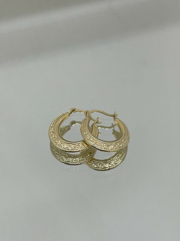 14K Yellow Gold Round Greek Key Design French Lock Hoop Earrings For Womans