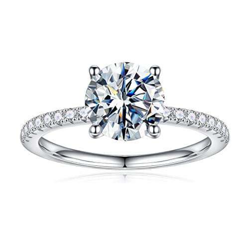 1.5ct Moissanite Promise Rings for Her, D Color VVS1 Clarity Lab Created Diamond Rings Brilliant Round Cut Side Stone Moissanite Engagement Ring Rhodium Plated S925 Sterling Silver Moissanite Rings