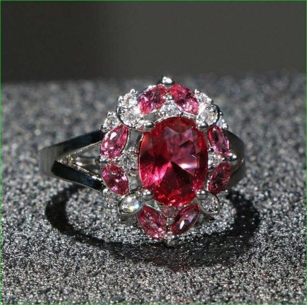 2.60Ct Oval Cut Simulated Red Ruby Halo Engagement Ring 14K White Gold Plated