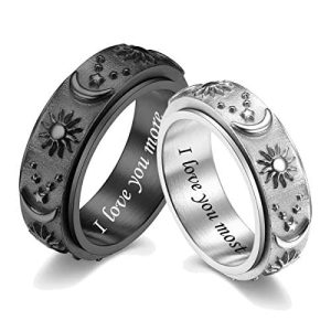 2PCS Personalized Sun and Moon Stars Couple Rings Set Custom Matching Promise Rings for Couples Stainless Steel Spinner Rings Fidget Ring Anxiety Ring Engagement Wedding Band Him and Her