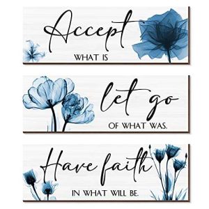 3 Pcs Rustic Flower Wall Art Accept Let Go Have Faith Bedroom Wall Decor Wooden Inspirational Quotes Decorations for Living Room Bathroom Wood Hanging Farmhouse Bedroom Art, 12 x 4 Inches (Blue)