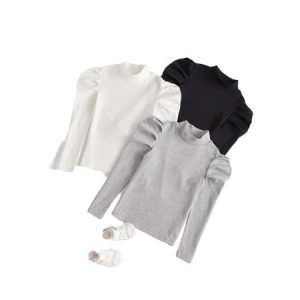 3pcs Casual Plain Stand Collar Long Sleeve Multicolor Girls T-Shirts (Girl s)