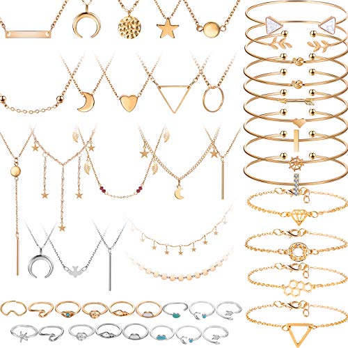 52 Pieces Gold Jewelry Set with Multiple Layered Choker Pendant Necklace Assorted Rings Girls Vintage Star Moon Knuckle Ring Set Stackable Open Cuff Bangle Bracelet Adjustable Bangles (Vintage Style)