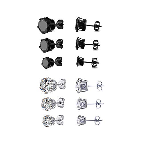 6 Pair Stainless Steel Mens Womens Stud Earrings Set Black and Clear Round Cubic Zirconia Inlaid Pierced Hypoallergenic 3-5mm(12PCS,3 Pairs Black,3 Pairs Clear)