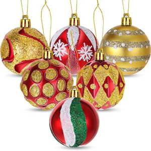 6 Pcs Traditional Red Green Gold Christmas Ball Ornaments Decor, Vintage Christmas Tree Ornaments Gold Glitter Hanging Tree Ornament Set