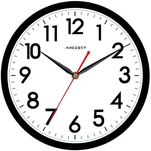 AKCISOT Wall Clock Silent Non Ticking Modern Wall Clocks Battery Operated 10 Inch, Analog Small Classic Clock Decorative for Bedroom, Kitchen, Home Office, Bathroom, School, Living Room (Black)