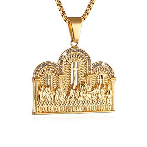 AsAlways Stainless Steel Gold Plated Lord's Supper Cubic Zirconia Last Supper Jesus with His Disciples Pendant Necklace for Men Hip Hop Jewelry
