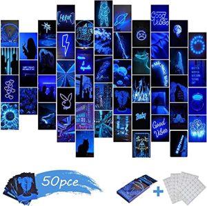 BATHTOI Neon Wall Collage Kit Aesthetic Pictures, Blue Aesthetic Poster, 50 Pcs Poster Pack Indie Room Decor, Bedroom Aesthetic Trendy Small Poster, Bedroom Decor for Teen Girls (4x6 inch)