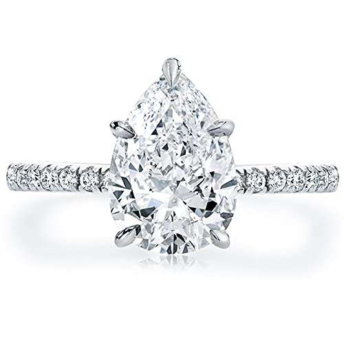 Bo.Dream 2 Carat Pear Shaped Cubic Zirconia CZ Engagement Rings Platinum Plated Sterling Silver Size 7