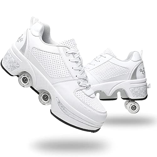 Double-Row Deform Wheel Automatic Walking Shoes Invisible Deformation Roller Skate 2 in 1 Removable Pulley Skates Skating Parkour (White Silver, US 10.5)