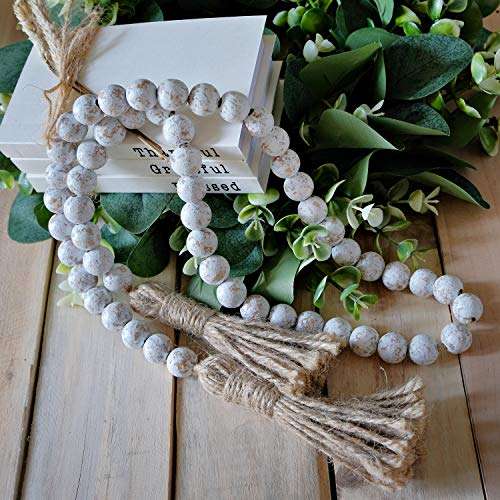 Farmhouse Wood Bead Garland Home Decor, Natural Wooden Garland for Tiered Tray, Tassel Garland Decor for All Seasons, Rustic Beads Centerpiece Boho Table Decor, Garland Beads Accent (Whitewashed)
