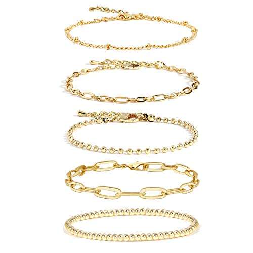 Gold Chain Bracelet Sets for Women Girls 14K Gold Plated Dainty Link Paperclip Bracelets Stake Adjustable Layered Gold Bracelet for Women Trendy Gold Jewelry For Women