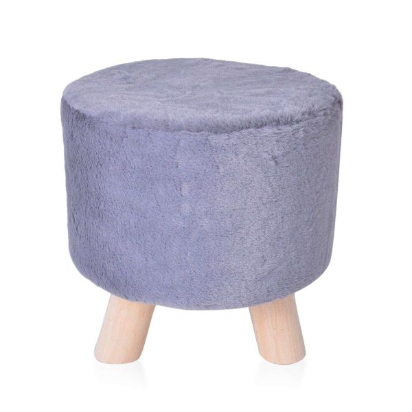 Gray Faux Fur Round Ottoman Vanity Stool Wooden Step Stool Home Office Decor