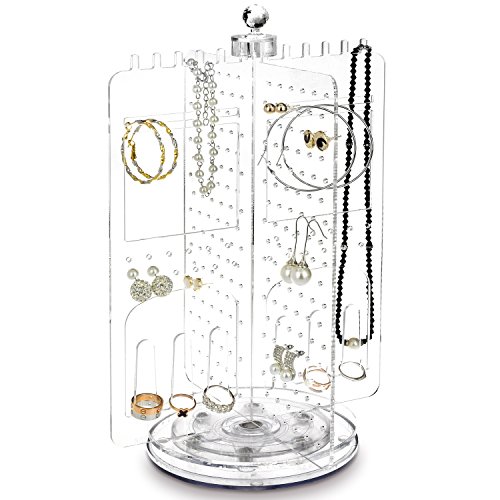 Ikee Design Acrylic Rotating Jewelry Stand Tower, Spinning Necklaces Bracelet Earrings Ring Tabletop Jewelry Holder Organizer for Store, showcase, Tradeshow, 8" W x 8" D x 10 1/8" H
