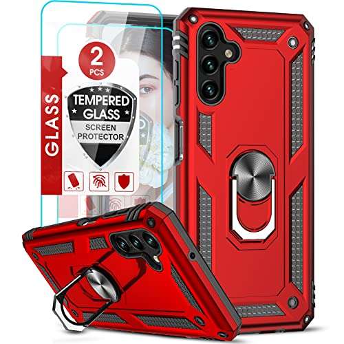LeYi Samsung Galaxy A13 Case/ A04S Case, A13 Samsung Phone Case for Women with [2 Pack] Tempered Glass Screen Protectors, Heavy Duty Shockproof Case with Magnetic Ring Kickstand for Galaxy A13 5G, Red
