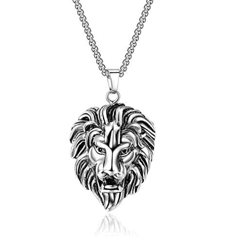 Lion Head Necklace Stainless Steel Pendant Necklace Mens Rock Hip Hop Rapper With 23.6'' Chain