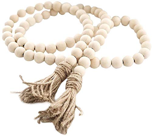 LSKYTOP 58 Inches Wood Bead Garland,Wooden Beads with Tassel,Farmhouse Beads Rustic Prayer Beads Boho Beads for Farmhouse Tiered Tray Coffee Table Mantel Decor (1 Pack)