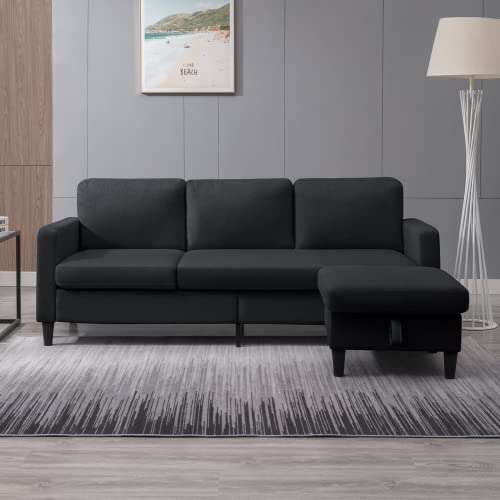 Mjkone Convertible Sectional Sofa Couch with Storage Ottoman, 76" W L-Shaped Couch for Living Room, 3-Seat Sofas with Reversible Chaise, Sectional Couches for Living Room/Office/Bedroom (Dark Grey)