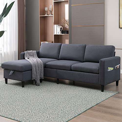 Mjkone Convertible Sectional Sofa Couch with Storage Ottoman, 86" W L-Shaped Couch for Living Room, 3-Seat Sofas with Reversible Chaise, Sectional Couches for Living Room/Office/Bedroom (Dark Grey)