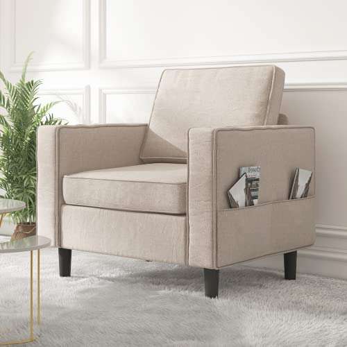 Mjkone Modern Single Sofa Couch for Living Room, Upholstered Sofa Chair with 2 Storage Pockets, 1-Seater Couch Has Solid Wood Frame＆Legs, Comfort Sofa for Small Space/Bedroom/Office (Beige)