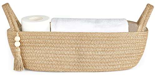 Mkono Small Woven Storage Basket for Toilet Tank Top Boho Bathroom Decor Jute Rope Back of Toilet Organizer Tray with Wood Bead Tassel for Counter Shelf Table Bedroom Living Room Nursery, Jute, 1 Pack