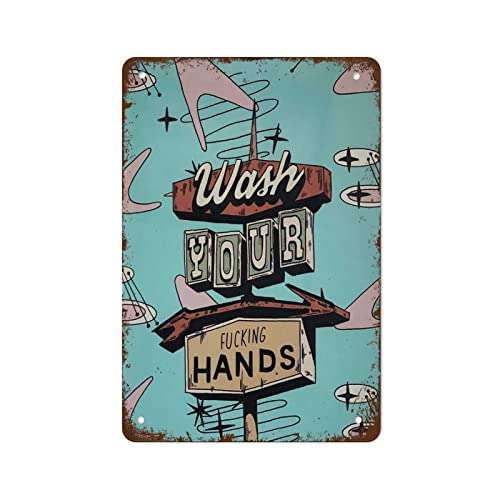 NAMEY Bathroom Wall Art Print,Wash Your Hands,Bathroom Decor,Mid-Century Retro Style Vintage Tin Sign Metal Sign Retro Wall Decor for Home Cafes Office Store Pubs Club Sign Gift 140 X 200mm